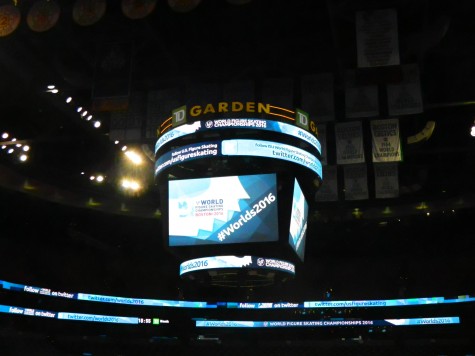 The scoreboard above the ice at TD Garden is prepared for the 2016 World Figure Skating Championships.