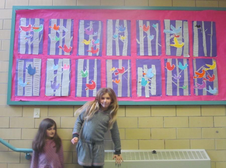 Student art projects on display in the hallways of Cunniff Elementary School in Watertown, Mass., on March 10, 2015.