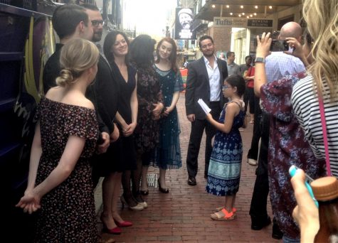 A reporter from the Cunniff Kids News asks questions of the cast of The Sound of Music before its May 2, 2018, show at Boch Center / Wang Theatre in Boston.