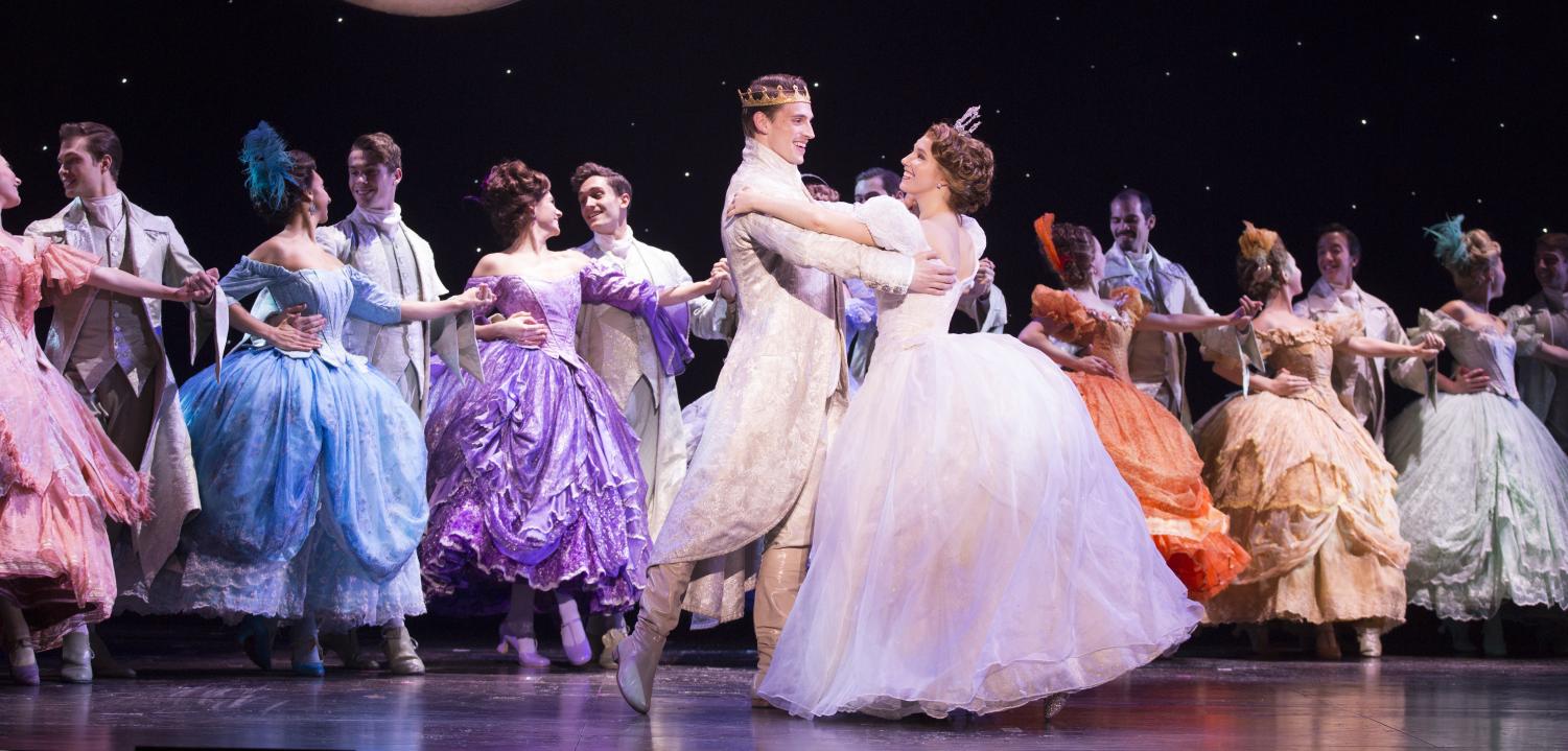 The Prince (Lukas James Miller) and Cinderella (Kaitlyn Mayse) dance in Rodgers and Hammerstein’s Cinderella, which is playing at the Emerson Colonial Theatre through Dec. 30, 2018. 