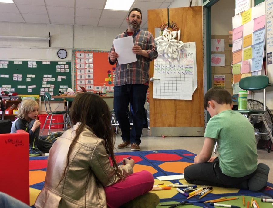 Jeff Bodner from Watertown Community Education answers questions from Cunniff Kids News reporters about the 2019 Town Wide Yard Sale during his visit to the CKN newsroom April 10.